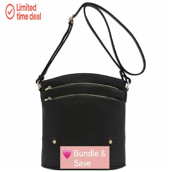 Large Triple Zip Crossbody Bag Faux Leather Adjustable Strap - Picture 5 of 8